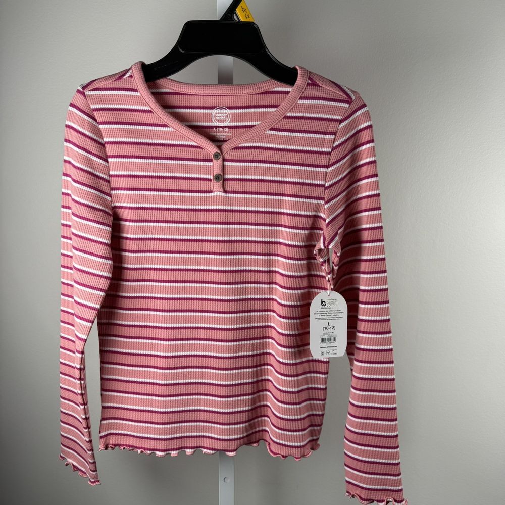 Girls‎ Long Sleeve Henley Tee L 10/12 Pink White Stripped Waffle Texture Modern.